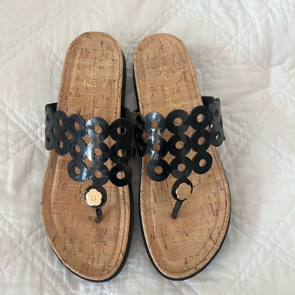 Eric Javits Black and Tan Sandals with Studded Design